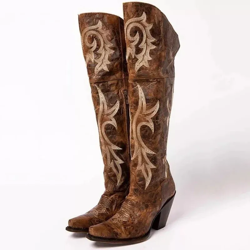 Over The Knee Boots High Heel Retro Embroidered Plus Size Women Shoes