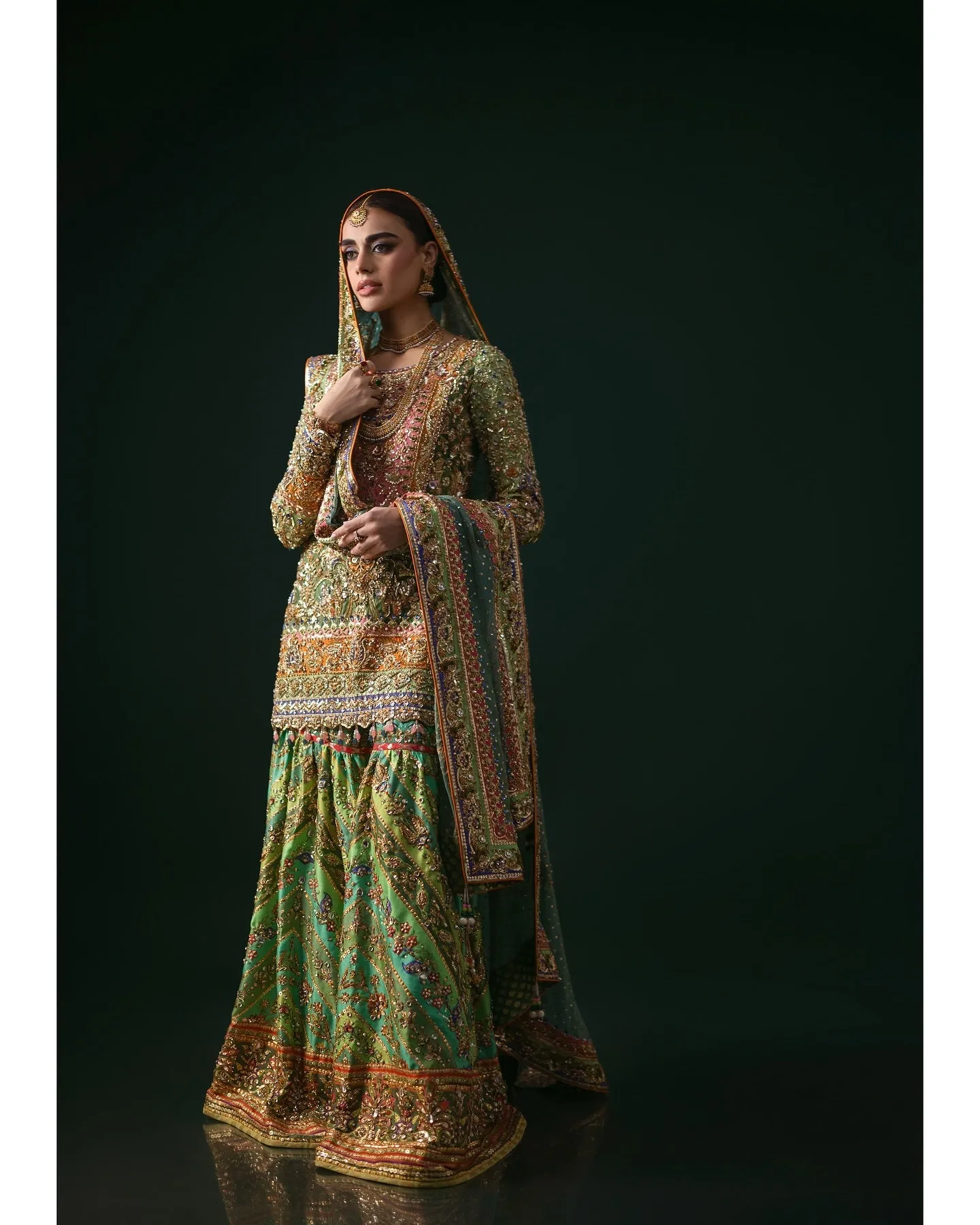 Pakistani Bridal Dress in Green Gharara Kameez Style