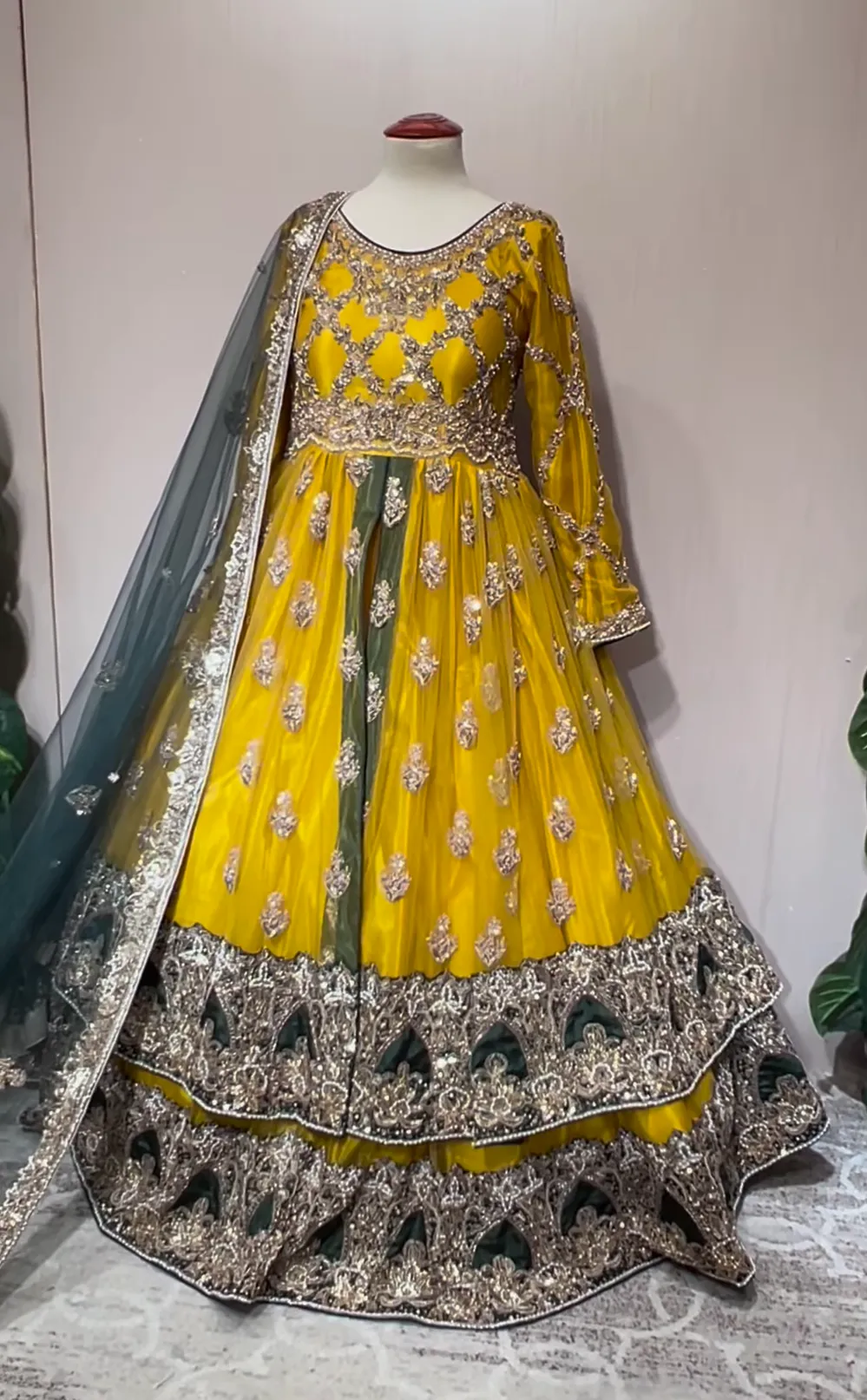 Pakistani Bridal Mehndi Dress in Frock Lehenga Style