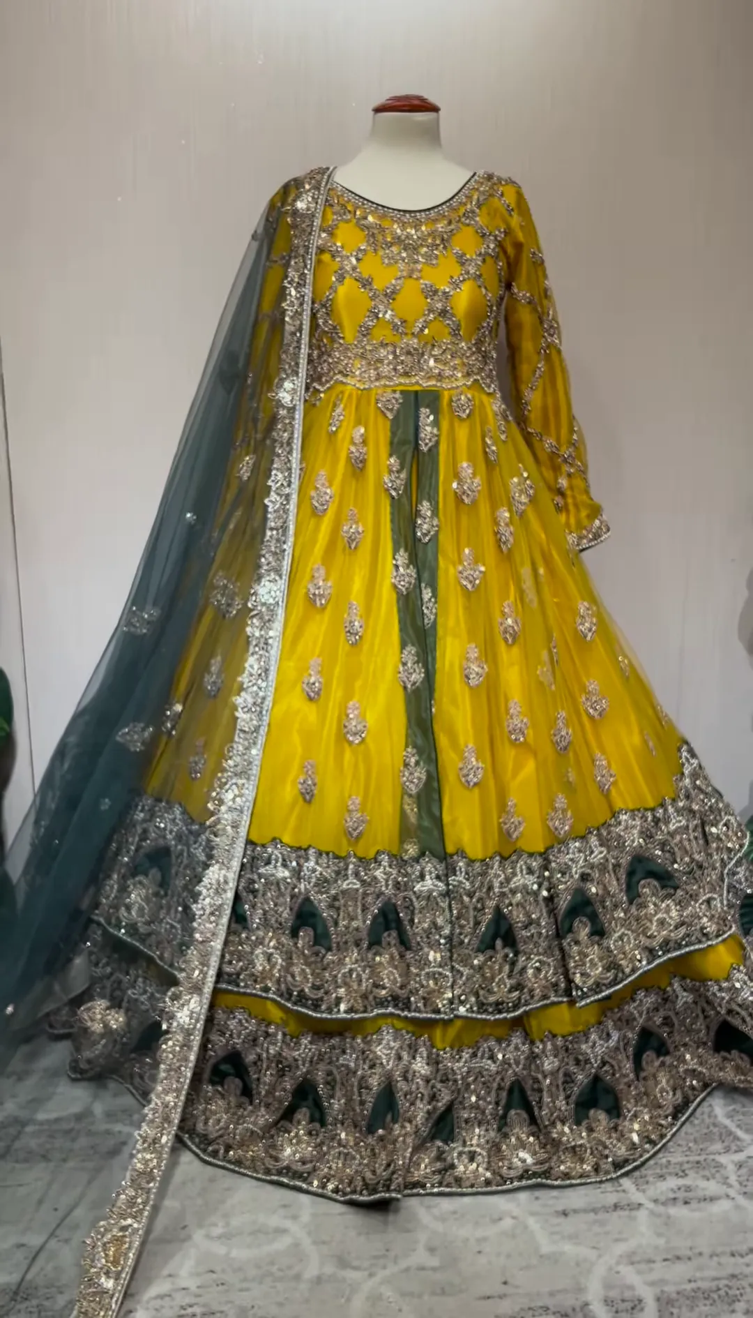 Pakistani Bridal Mehndi Dress in Frock Lehenga Style