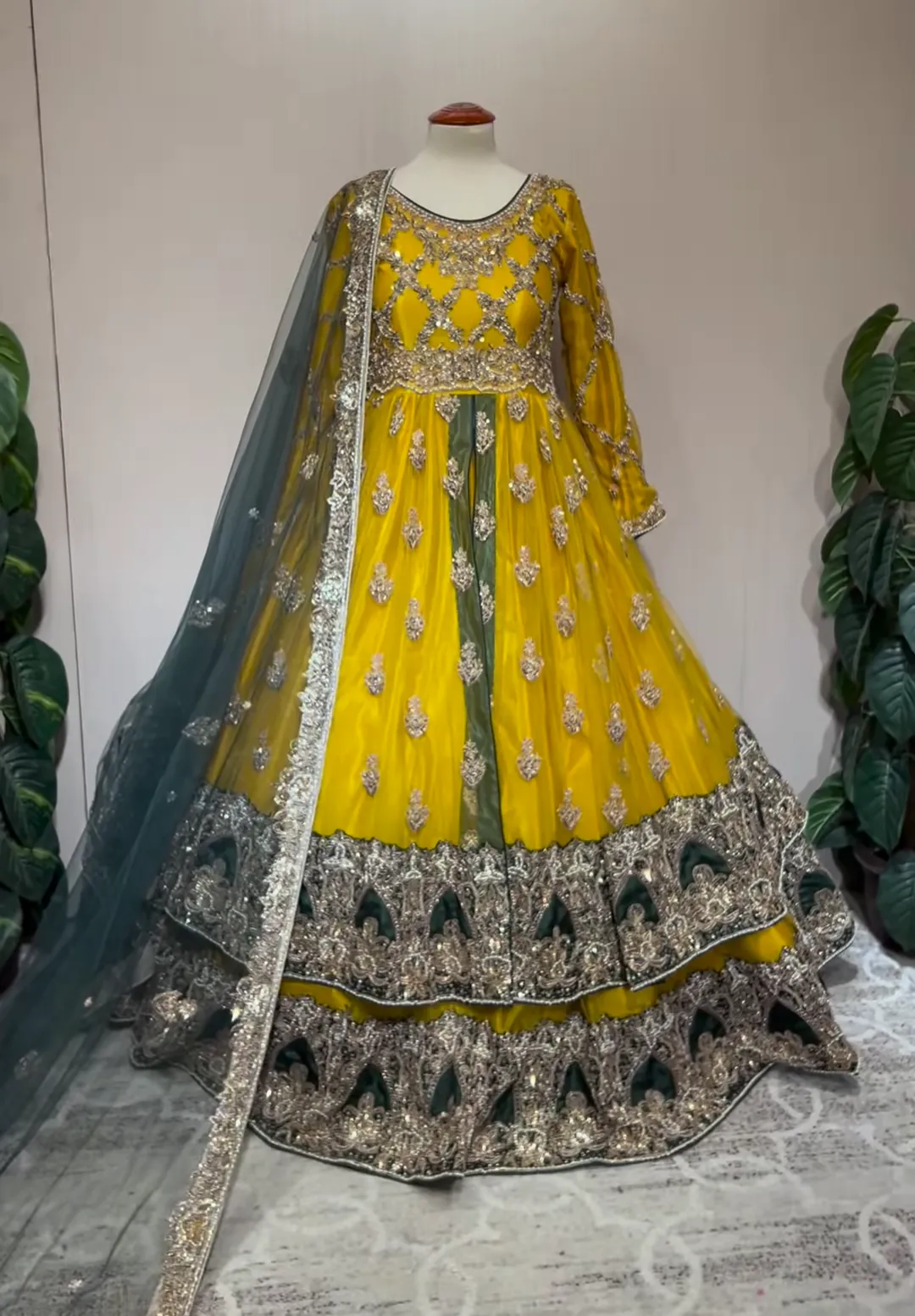 Pakistani Bridal Mehndi Dress in Frock Lehenga Style
