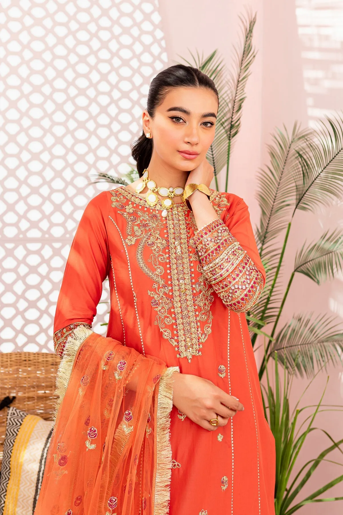 Pakistani Eid Dress in Orange Kameez Trouser Style