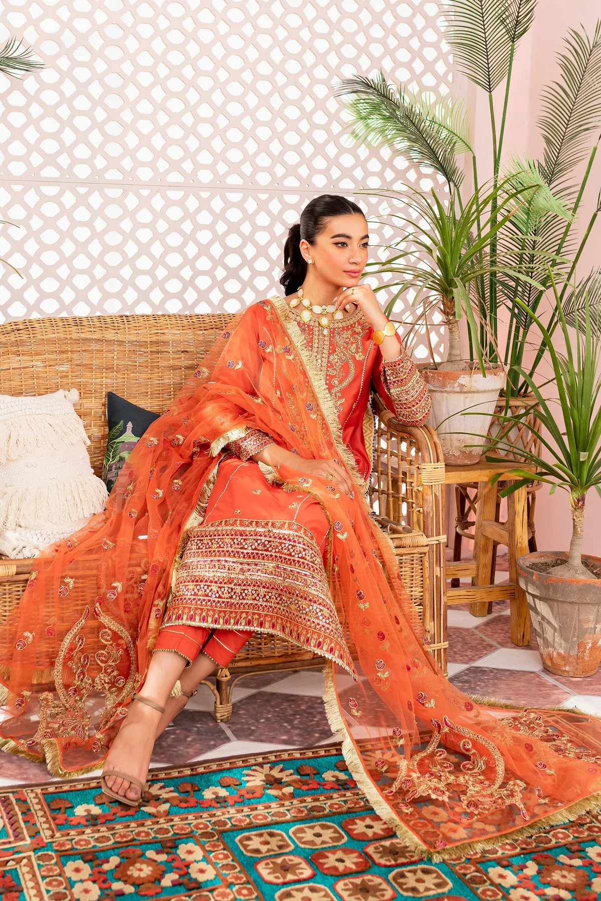 Pakistani Eid Dress in Orange Kameez Trouser Style
