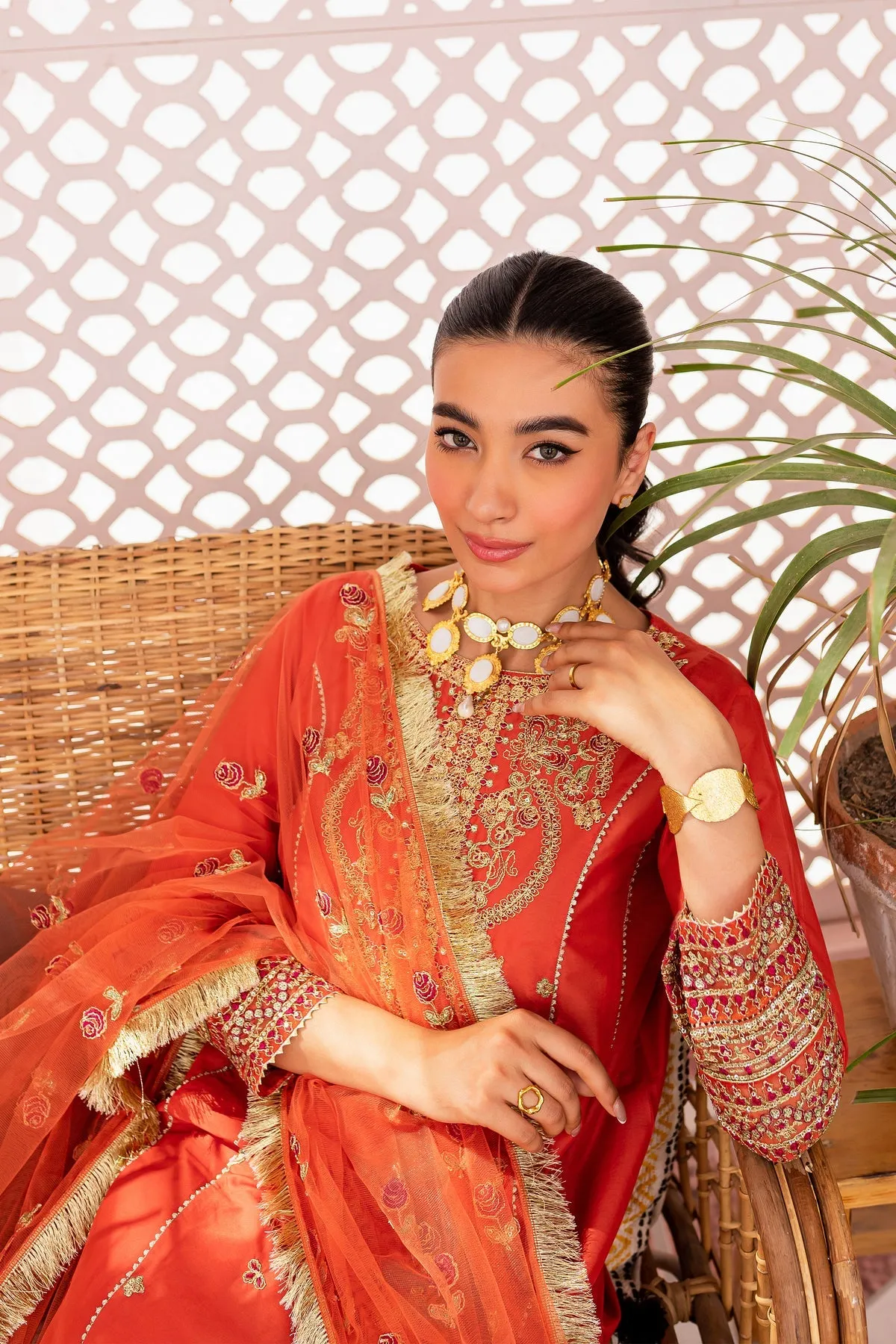 Pakistani Eid Dress in Orange Kameez Trouser Style