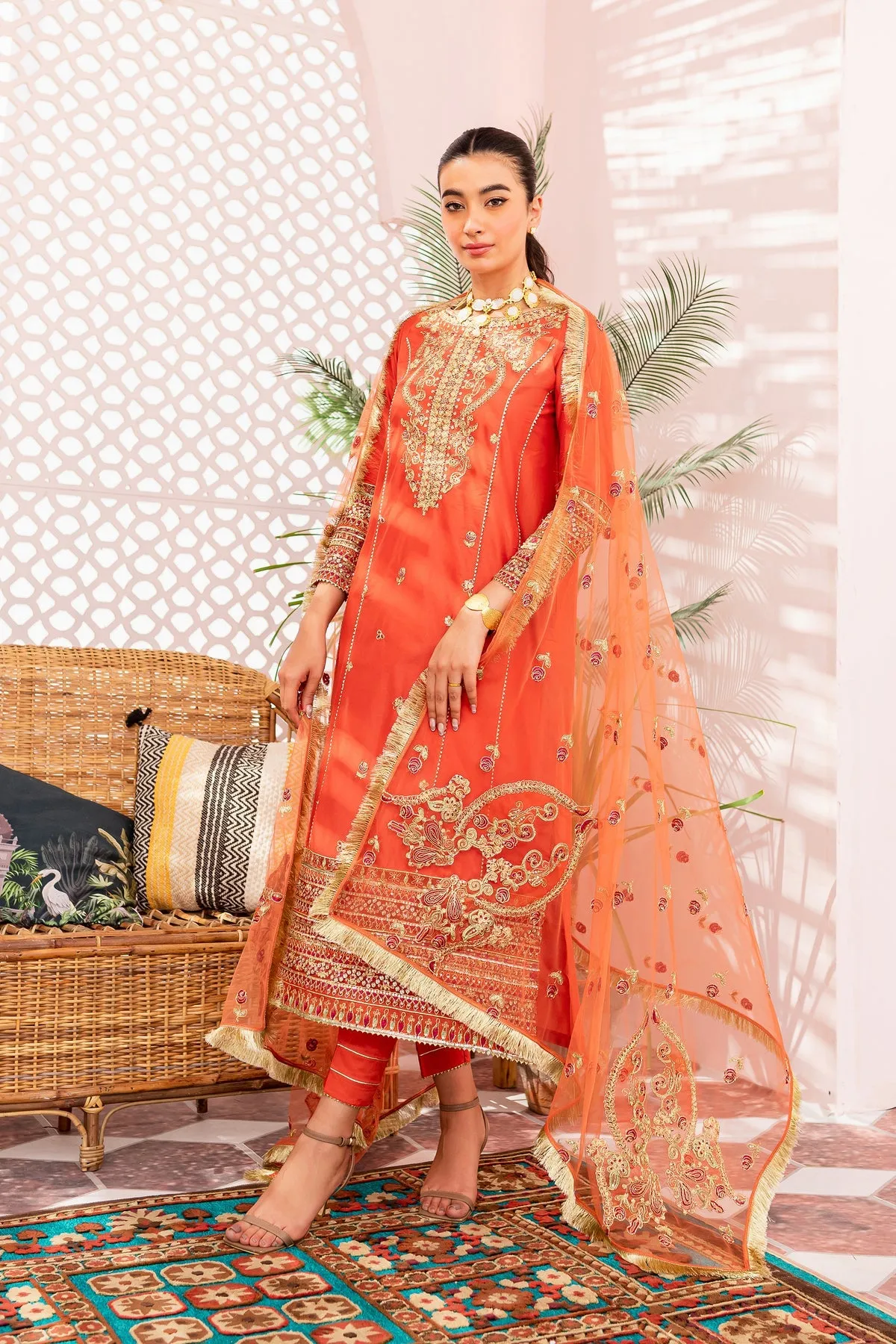Pakistani Eid Dress in Orange Kameez Trouser Style
