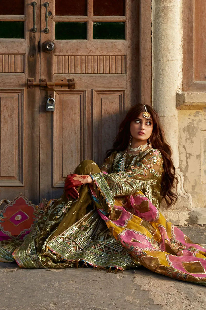 Pakistani Wedding Dress in Green Sharara Kameez Style