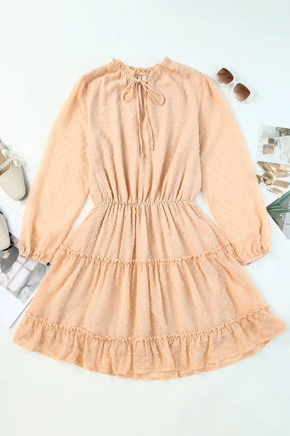 Pink Swiss Dot Bubble Sleeve Ruffle Mini Dress