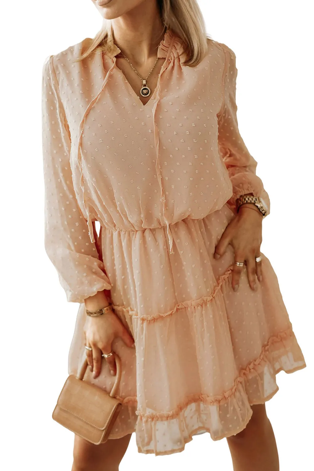 Pink Swiss Dot Bubble Sleeve Ruffle Mini Dress