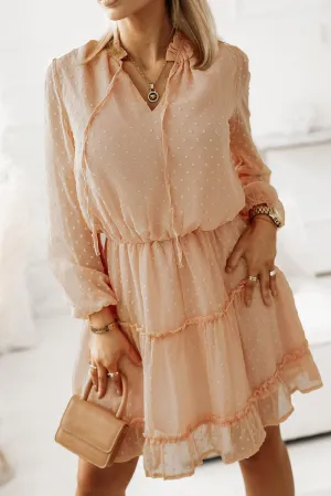 Pink Swiss Dot Bubble Sleeve Ruffle Mini Dress