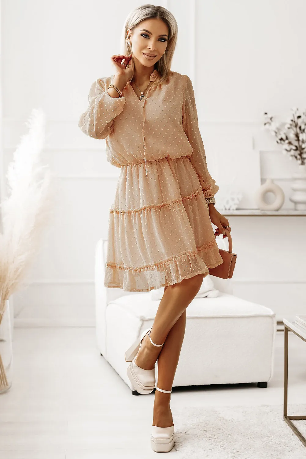 Pink Swiss Dot Bubble Sleeve Ruffle Mini Dress