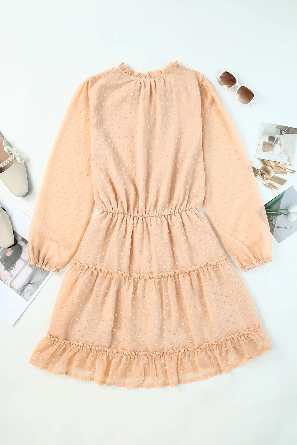 Pink Swiss Dot Bubble Sleeve Ruffle Mini Dress