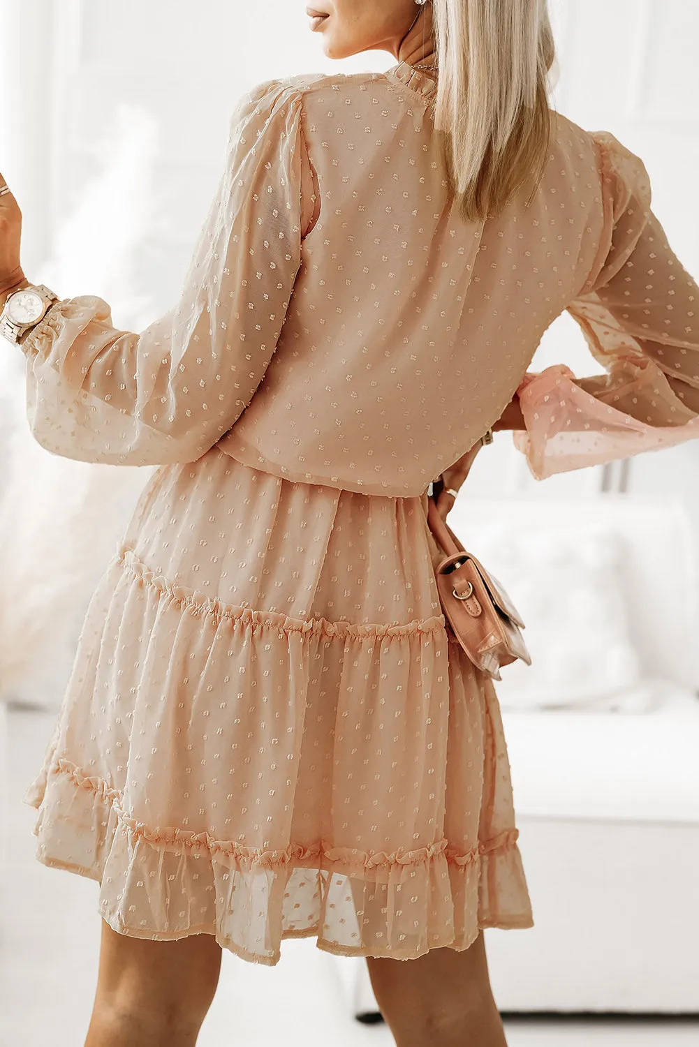 Pink Swiss Dot Bubble Sleeve Ruffle Mini Dress