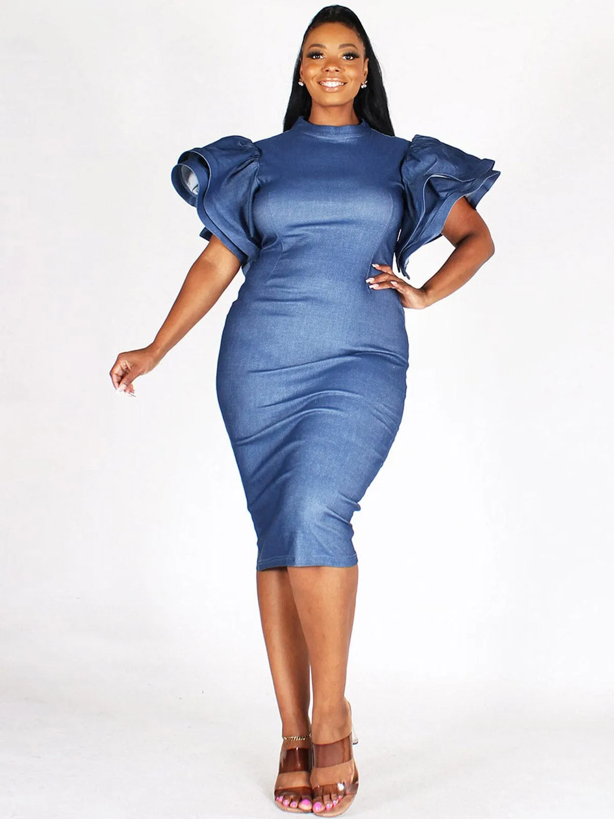 PLUS SIZE SHORT RUFFLE SLEEVE BODYCON DENIM MIDI DRESS