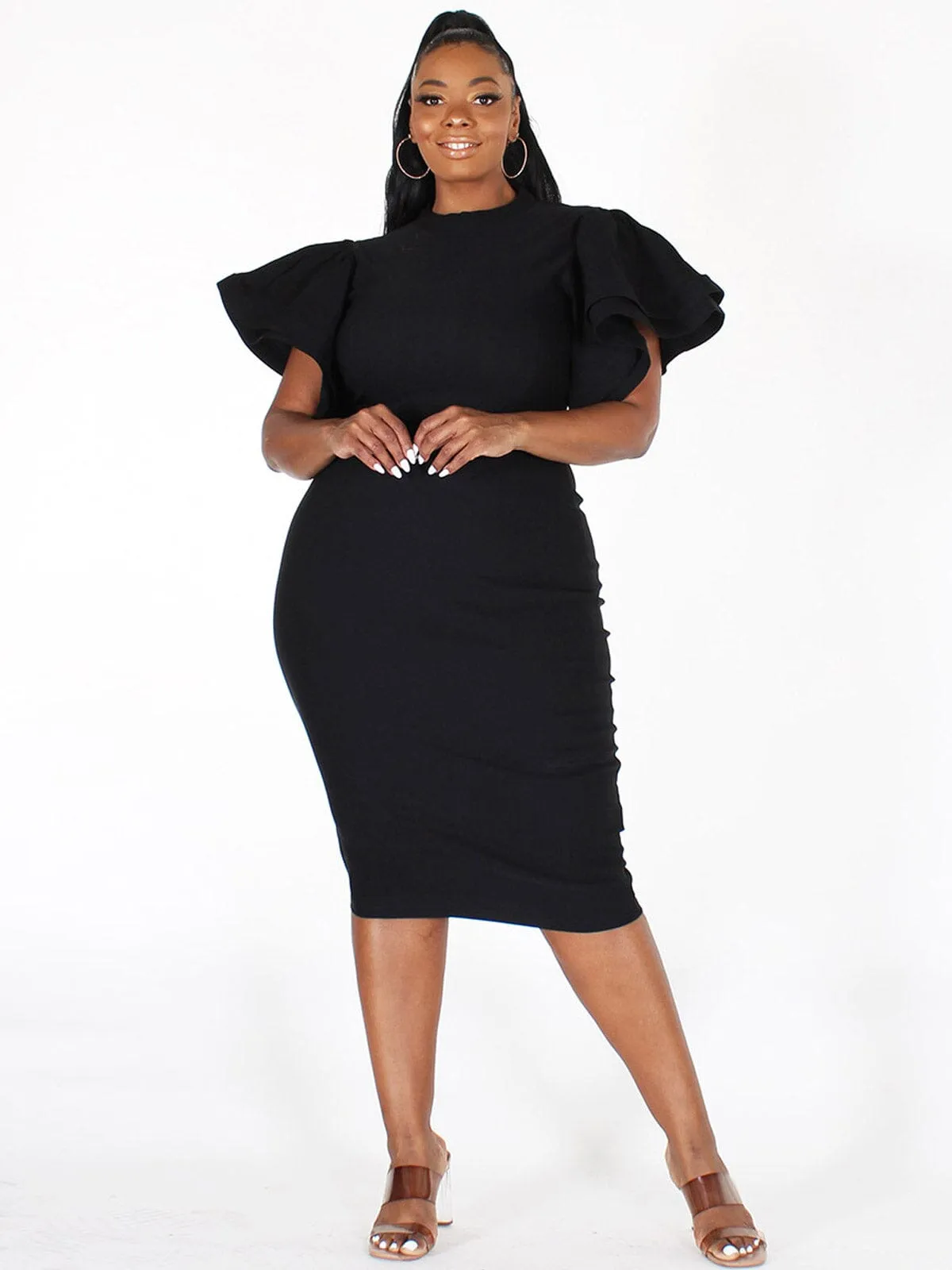 PLUS SIZE SHORT RUFFLE SLEEVE BODYCON DENIM MIDI DRESS