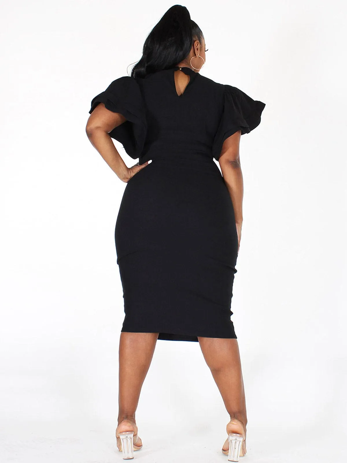 PLUS SIZE SHORT RUFFLE SLEEVE BODYCON DENIM MIDI DRESS