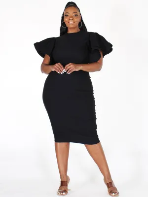 PLUS SIZE SHORT RUFFLE SLEEVE BODYCON DENIM MIDI DRESS