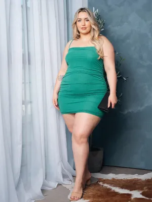 PLUS SIZE SLEEVELESS SHIMMER SIDE RUCHED MINI DRESS