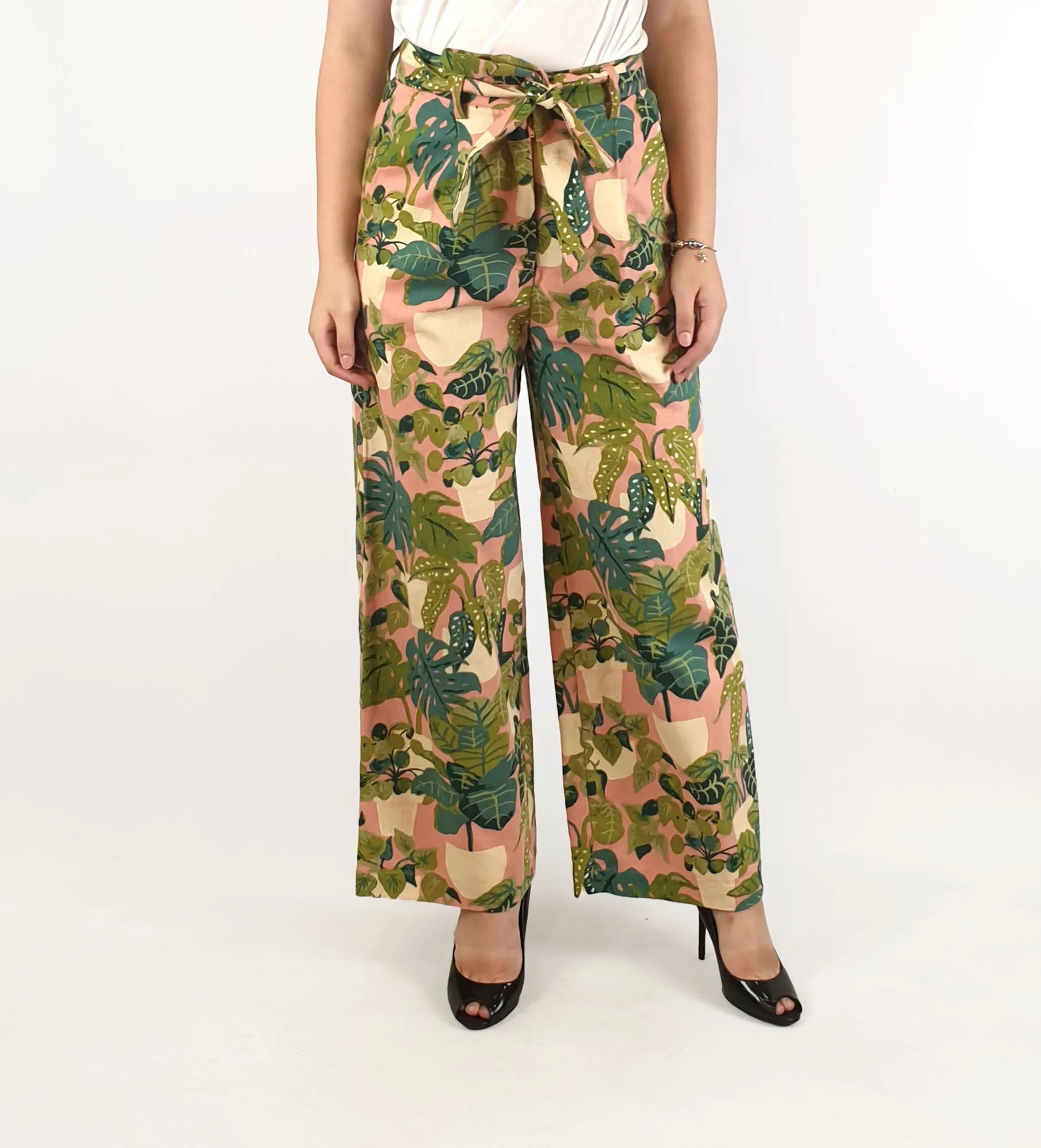 Princess Highway pink and green plant print wide leg pants size 6