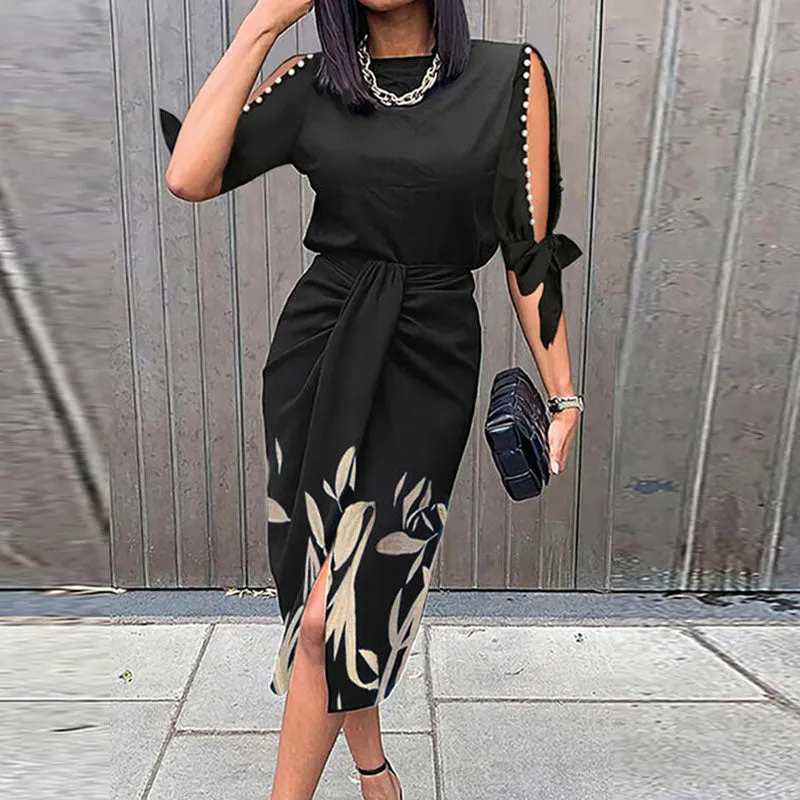 Print Slit Sleeve Beaded Midi Dress
