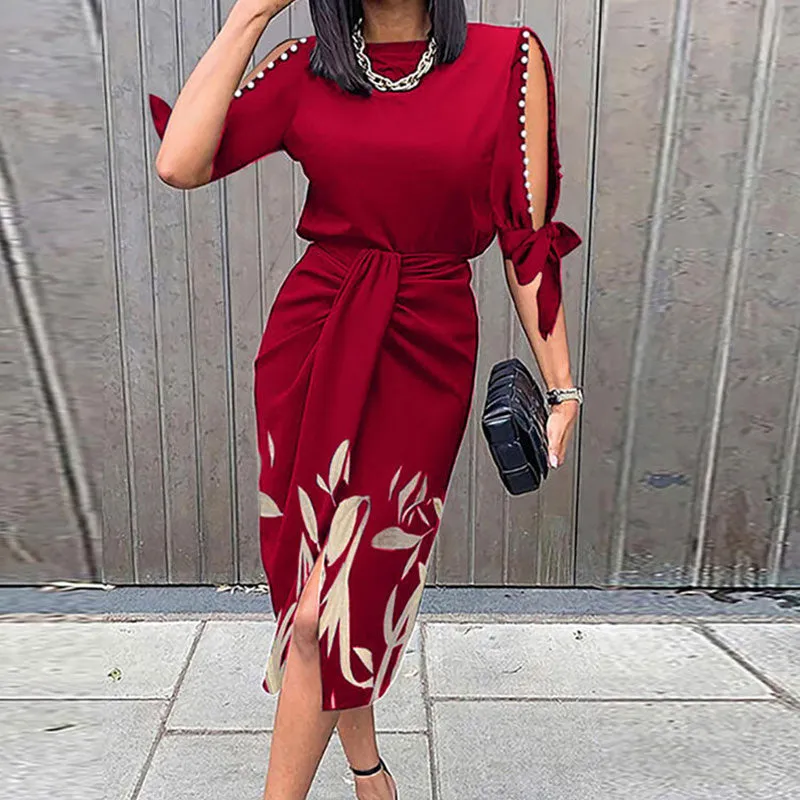 Print Slit Sleeve Beaded Midi Dress