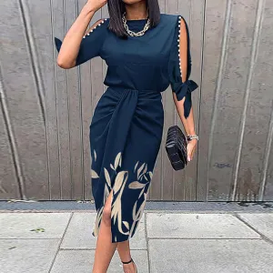 Print Slit Sleeve Beaded Midi Dress