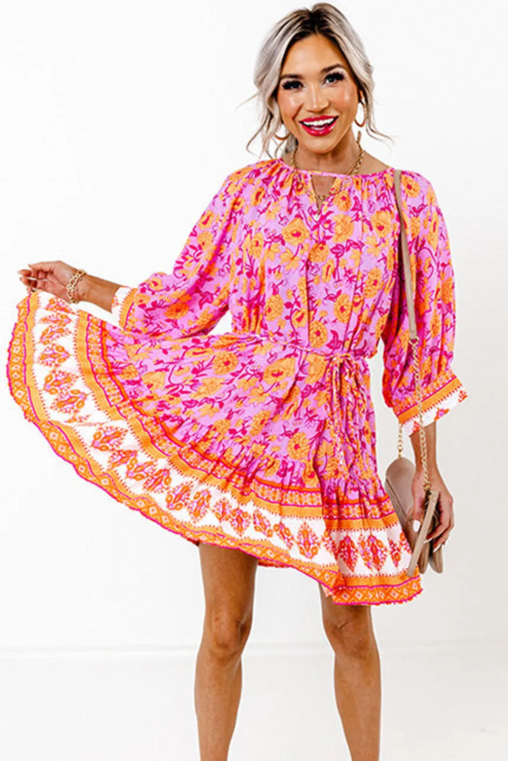 Red 3/4 Sleeve Boho Floral Belted Mini Dress