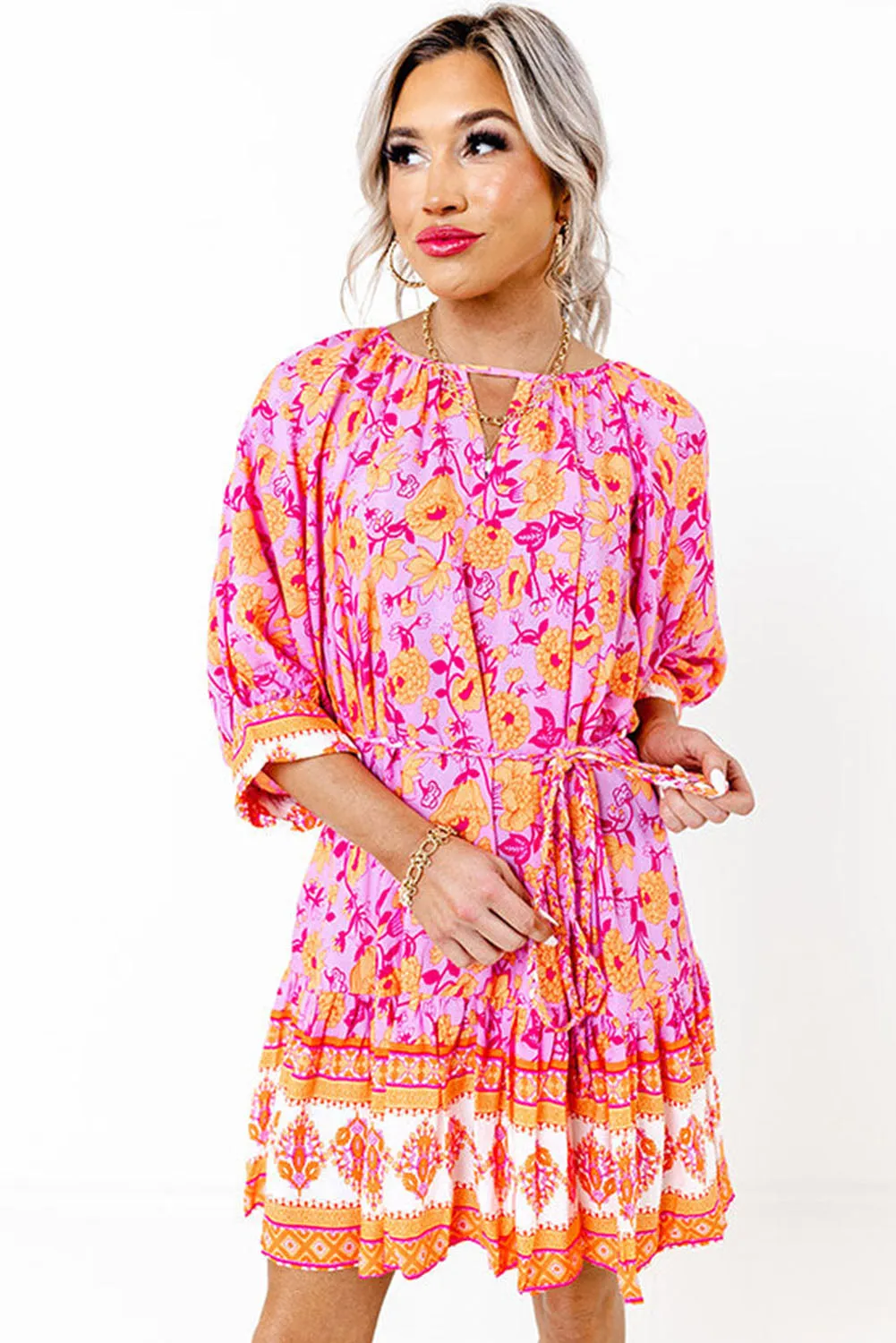Red 3/4 Sleeve Boho Floral Belted Mini Dress