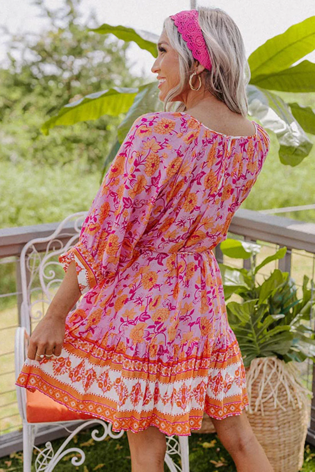 Red 3/4 Sleeve Boho Floral Belted Mini Dress