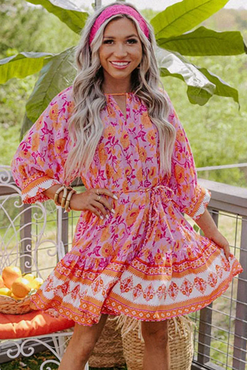 Red 3/4 Sleeve Boho Floral Belted Mini Dress