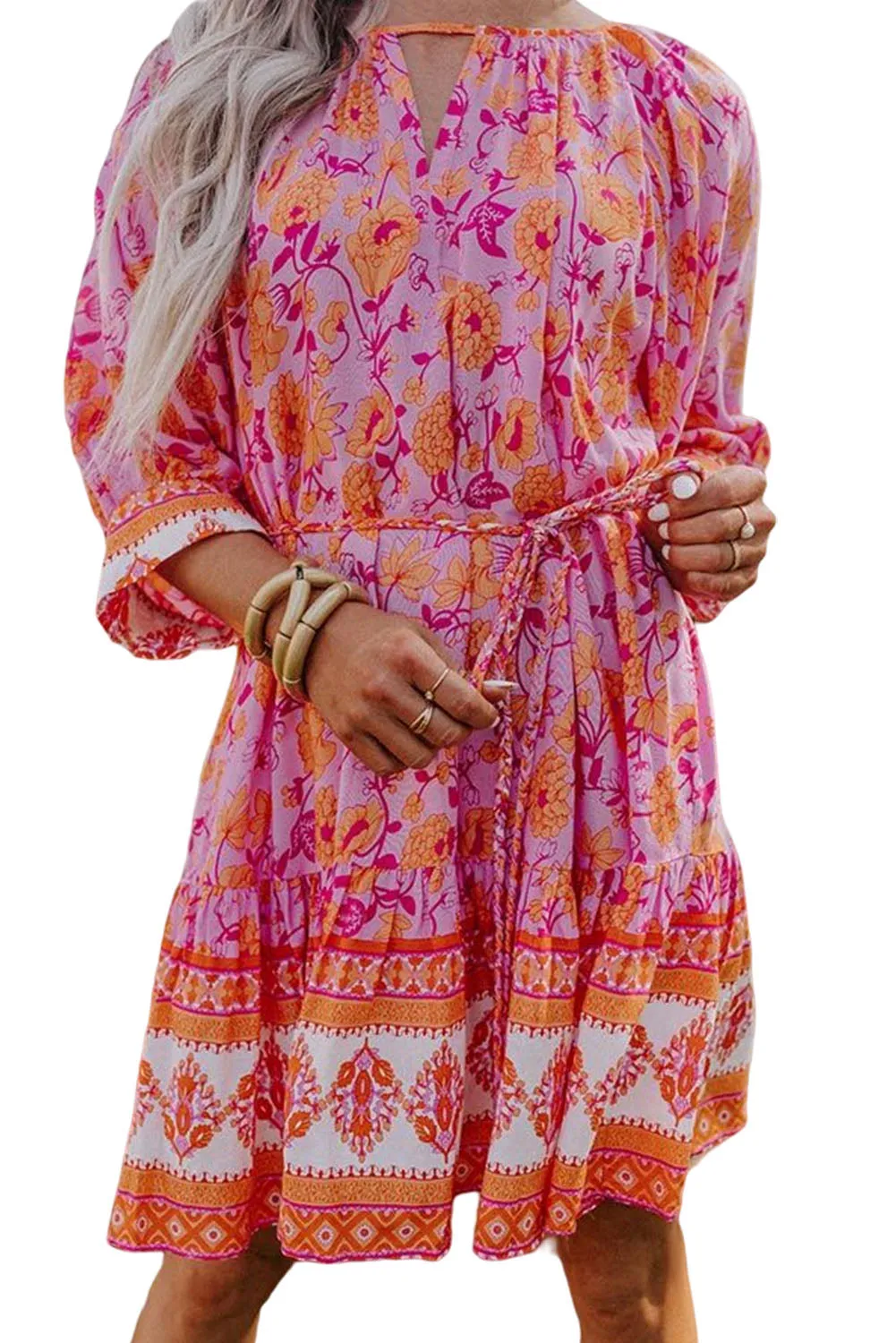 Red 3/4 Sleeve Boho Floral Belted Mini Dress