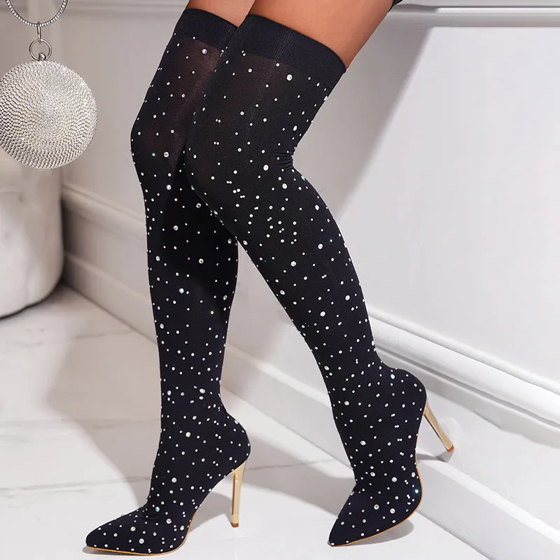 Rhinestone Cocktail Pointed High Heel Boots