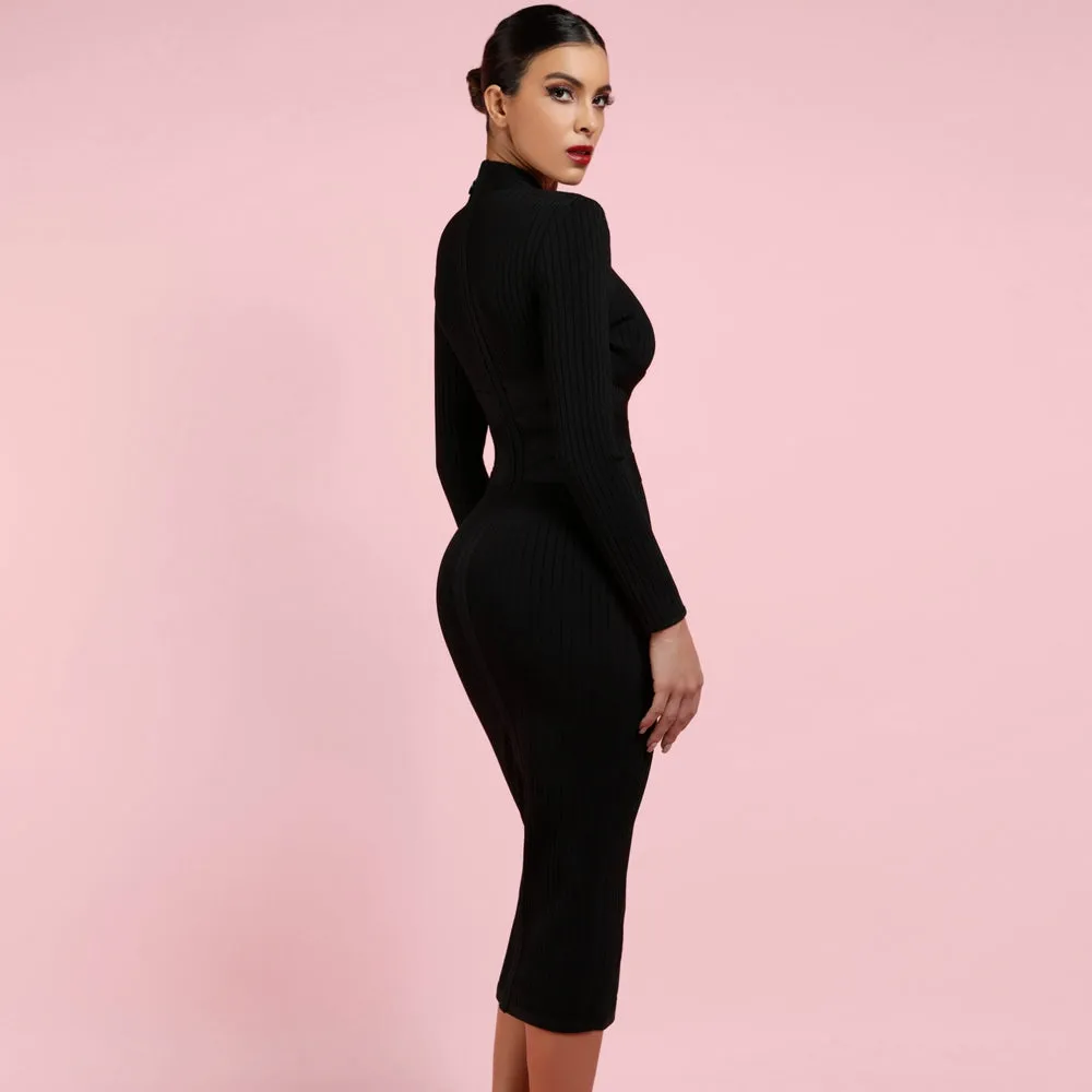 Round Neck Long Sleeve Striped Over Knee Bandage Dress PF1201
