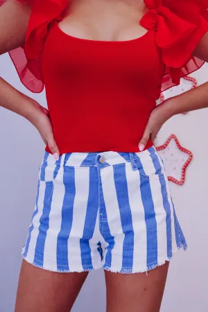 Royal Striped Denim Shorts - Blue