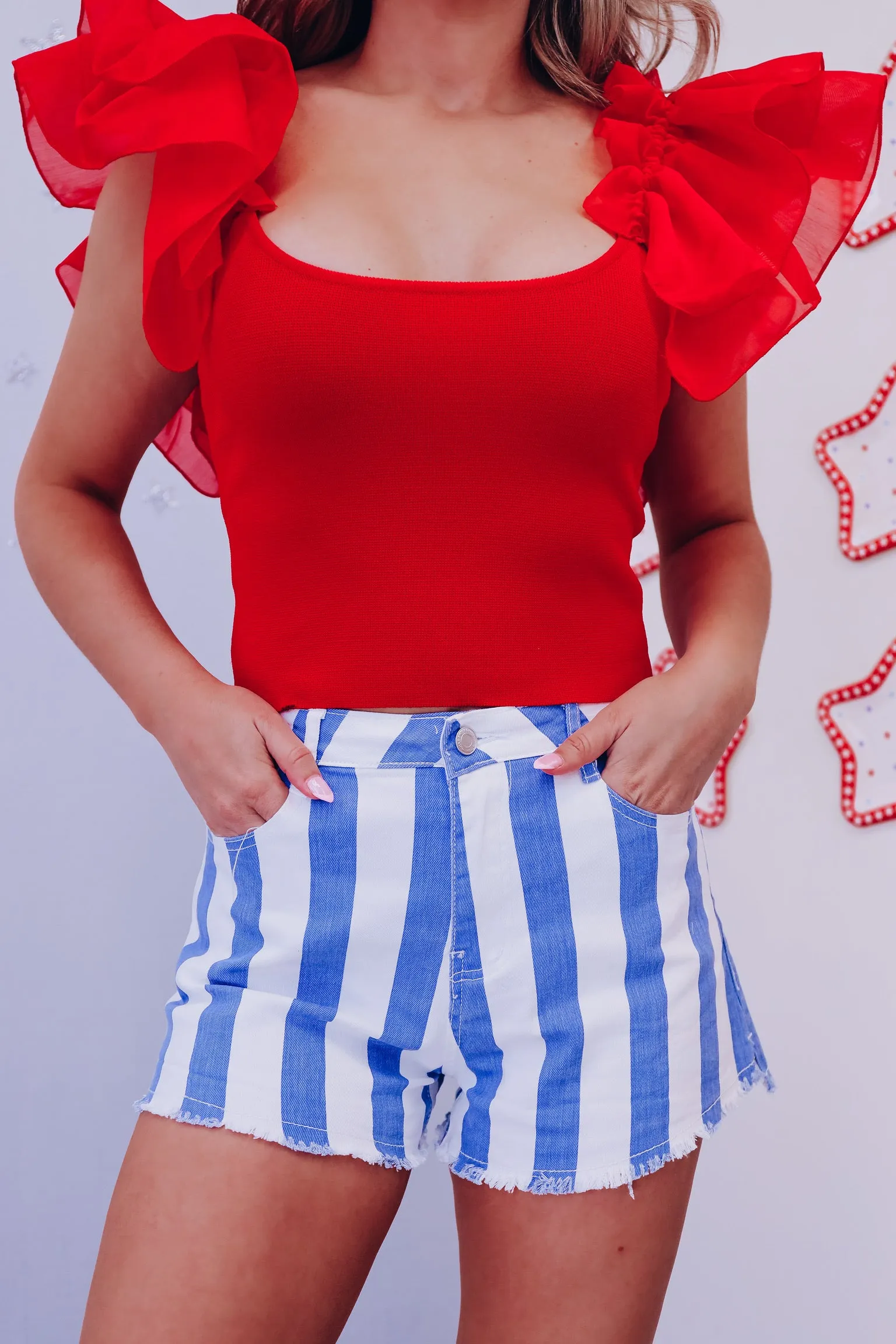 Royal Striped Denim Shorts - Blue