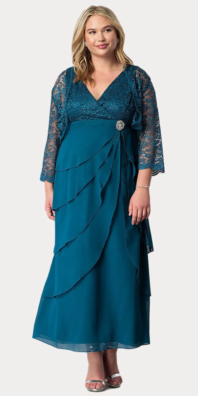 Sally Fashion 8729 V-Neck Long Dress Empire Lace Chiffon Include Lace Jacket