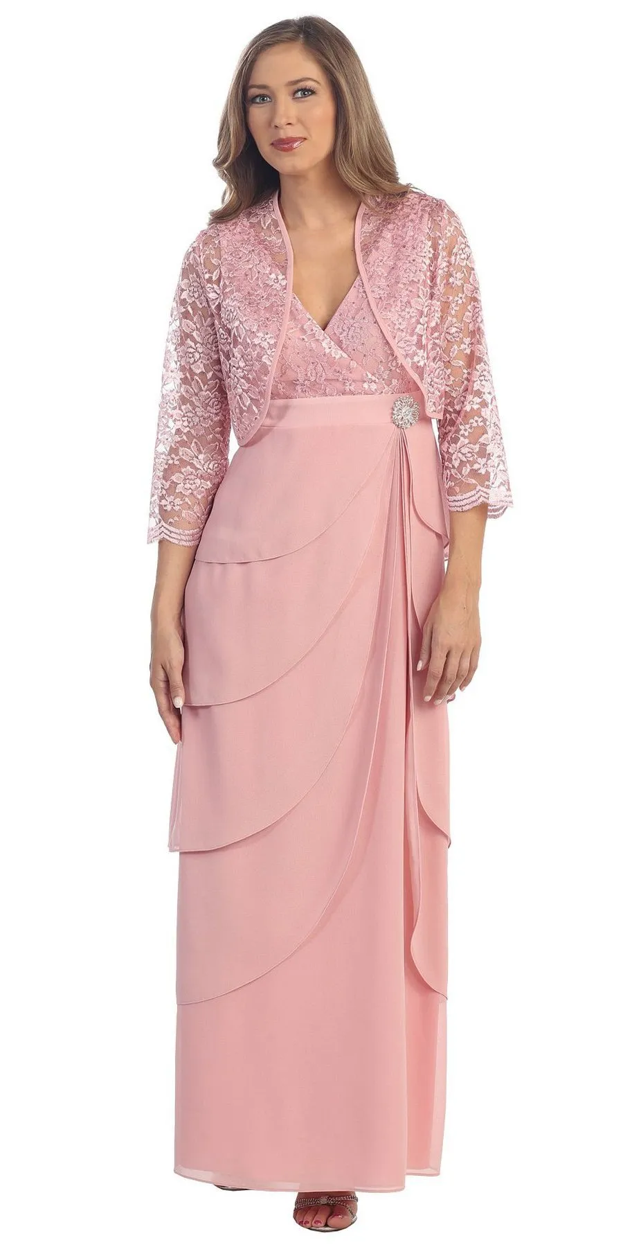 Sally Fashion 8729 V-Neck Long Dress Empire Lace Chiffon Include Lace Jacket