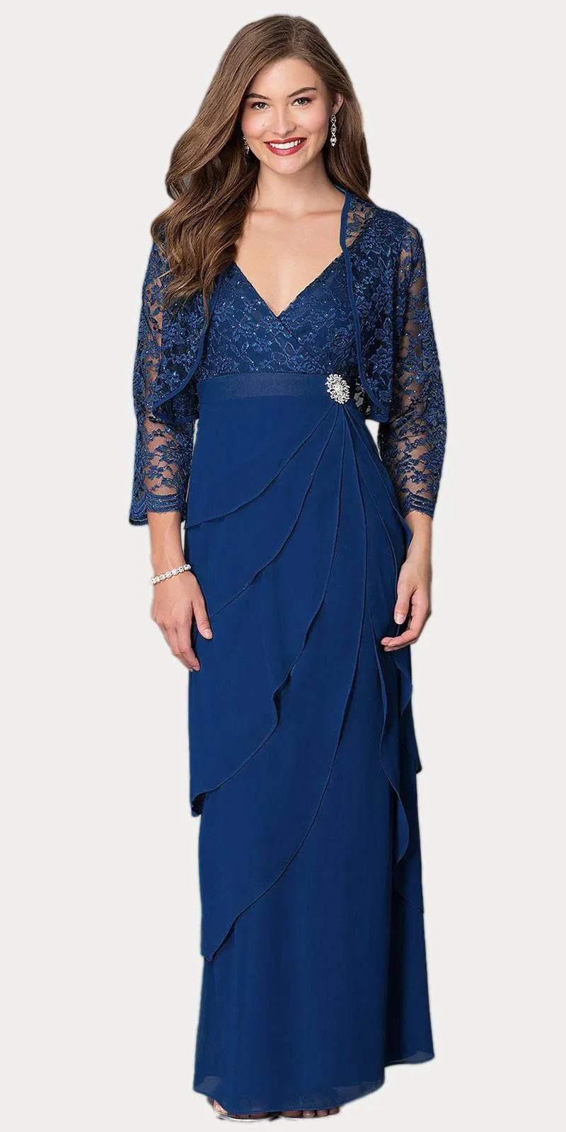 Sally Fashion 8729 V-Neck Long Dress Empire Lace Chiffon Include Lace Jacket