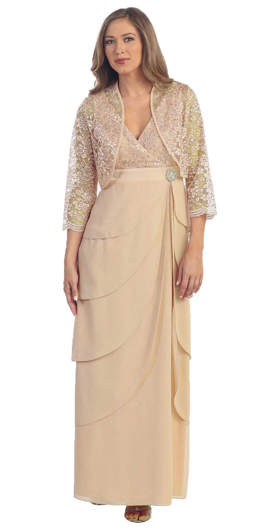 Sally Fashion 8729 V-Neck Long Dress Empire Lace Chiffon Include Lace Jacket