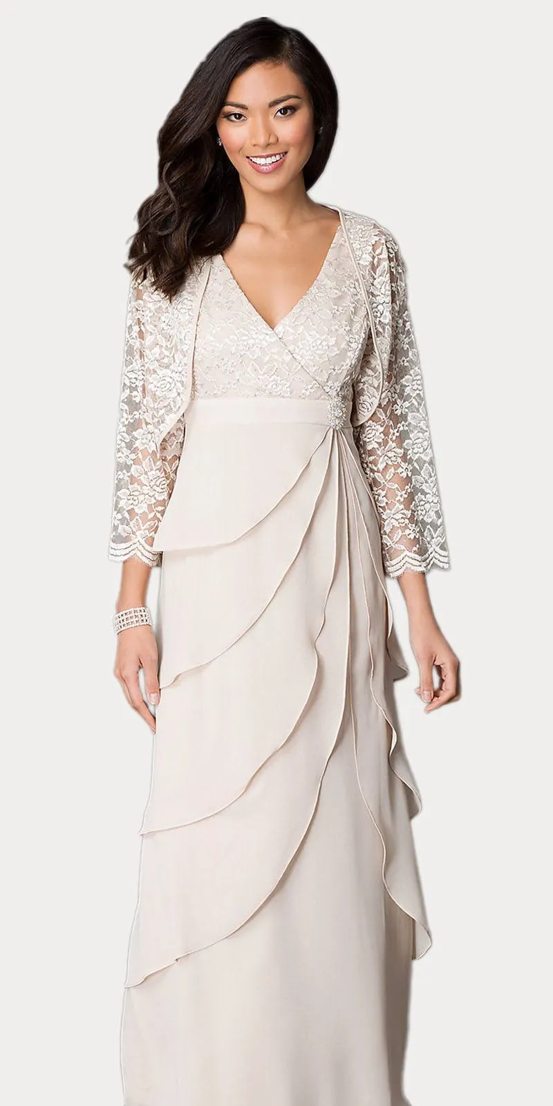 Sally Fashion 8729 V-Neck Long Dress Empire Lace Chiffon Include Lace Jacket