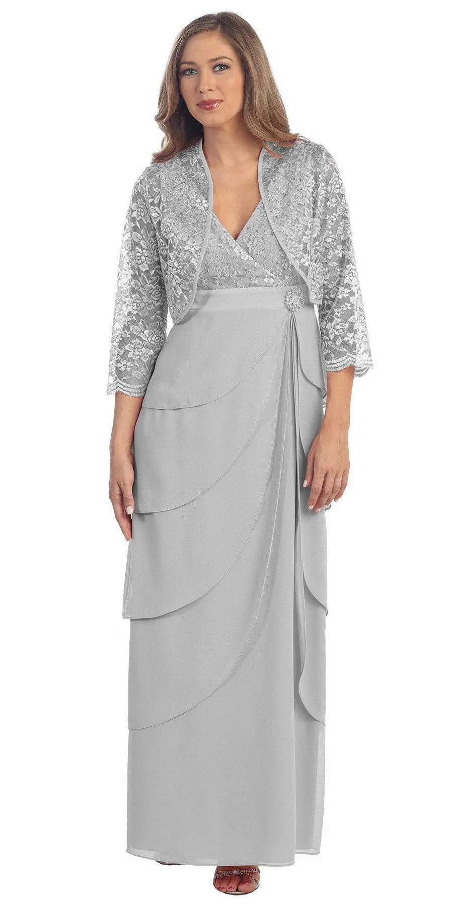 Sally Fashion 8729 V-Neck Long Dress Empire Lace Chiffon Include Lace Jacket