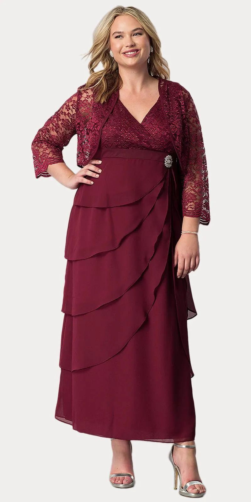 Sally Fashion 8729 V-Neck Long Dress Empire Lace Chiffon Include Lace Jacket