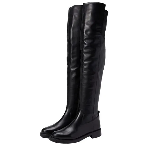 Sam Edelman Over The Knee Boots Size 7.5 Black Leather Narisa Zip Up Block Heel