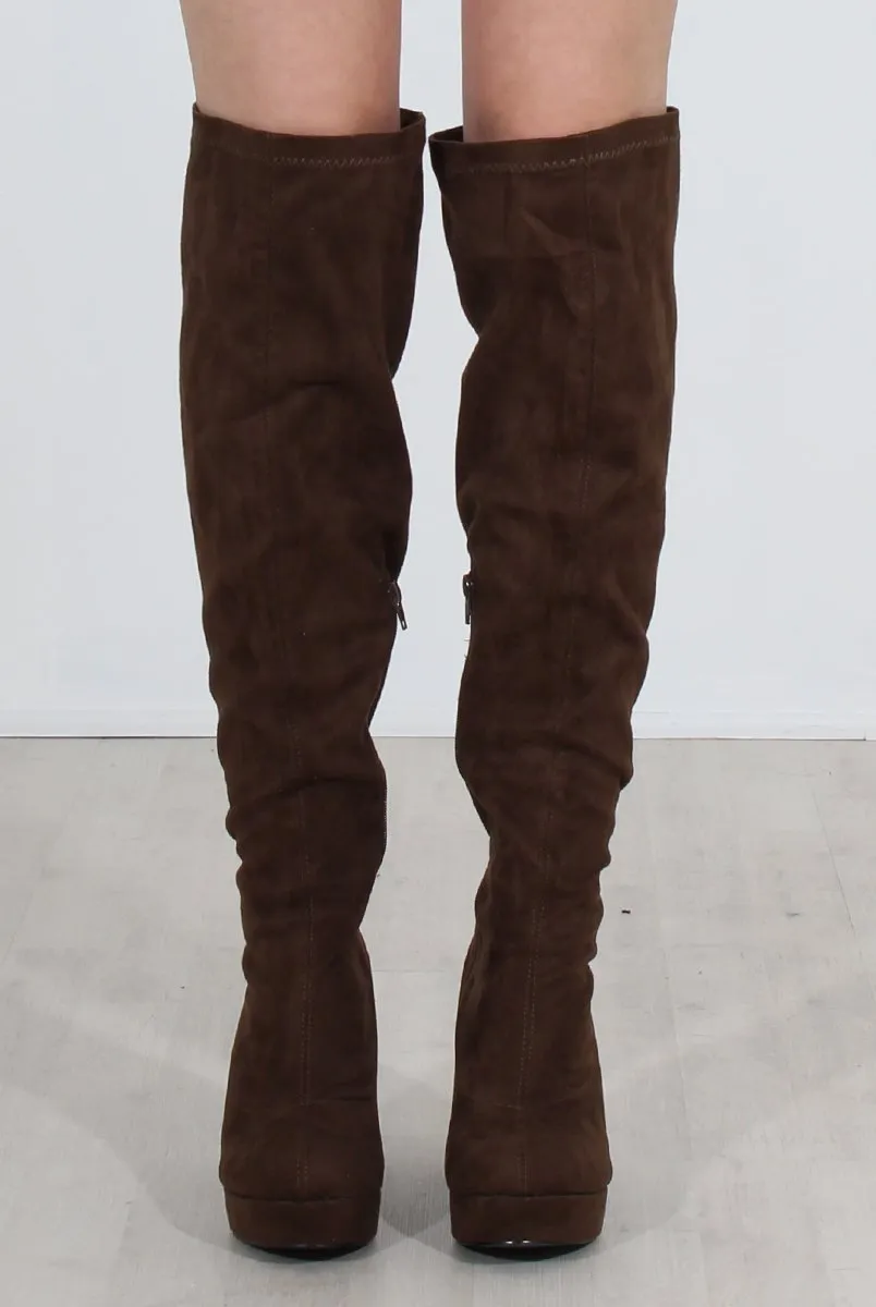Shaia Khaki Suede Over The Knee Boots