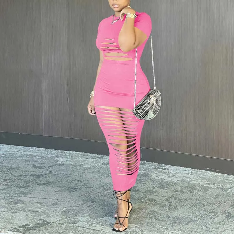Short Sleeve Cutout Bodycon Slim Maxi Dress