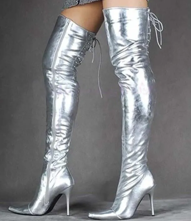 Silver Patent Leather Women Shoes Over Knee Long Boots
