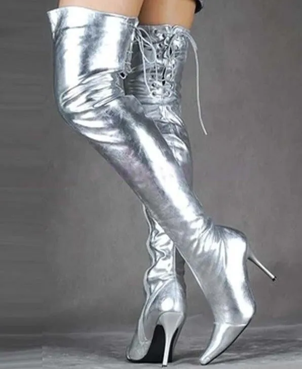 Silver Patent Leather Women Shoes Over Knee Long Boots
