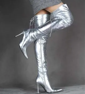 Silver Patent Leather Women Shoes Over Knee Long Boots