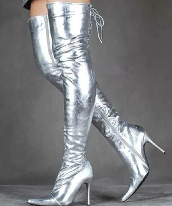 Silver Patent Leather Women Shoes Over Knee Long Boots