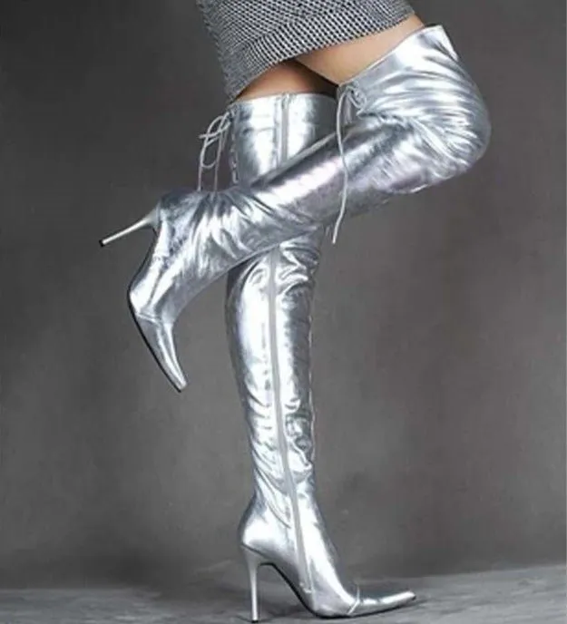Silver Patent Leather Women Shoes Over Knee Long Boots