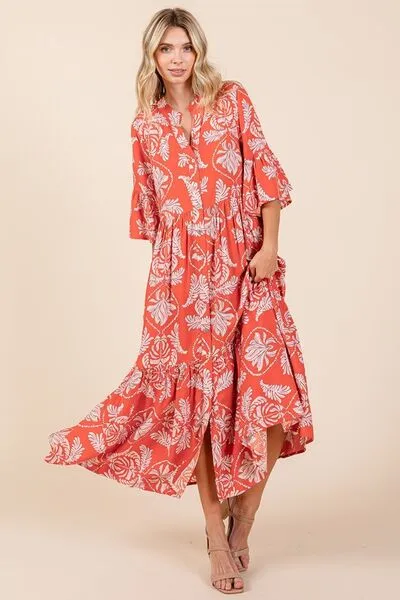 Slay That Dress Abstract Leaf Print Tiered Ruffle Dress